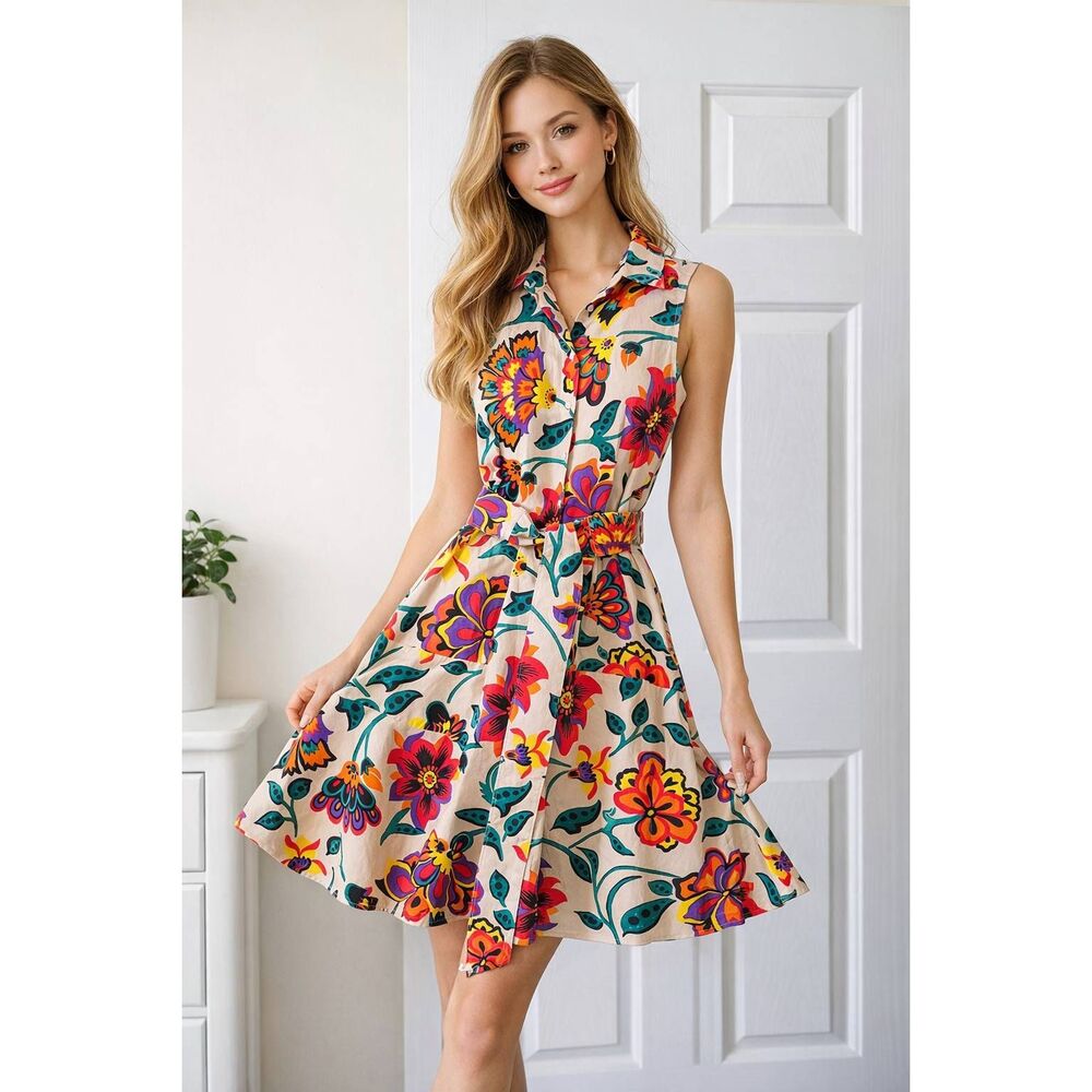 Sara roka Sleeveless Floral Print Belted Dress 38